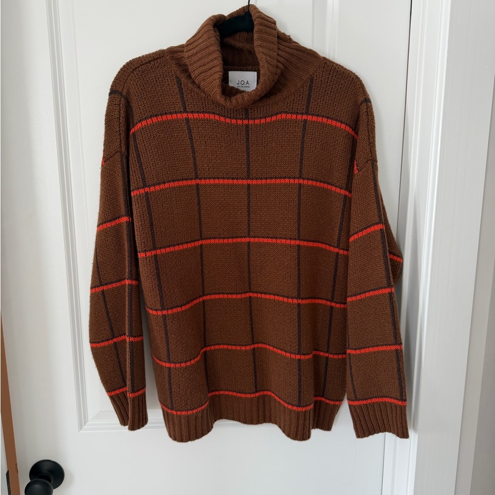 J.O.A. Womens Turtleneck Sweater in Brown with Orange Stripes